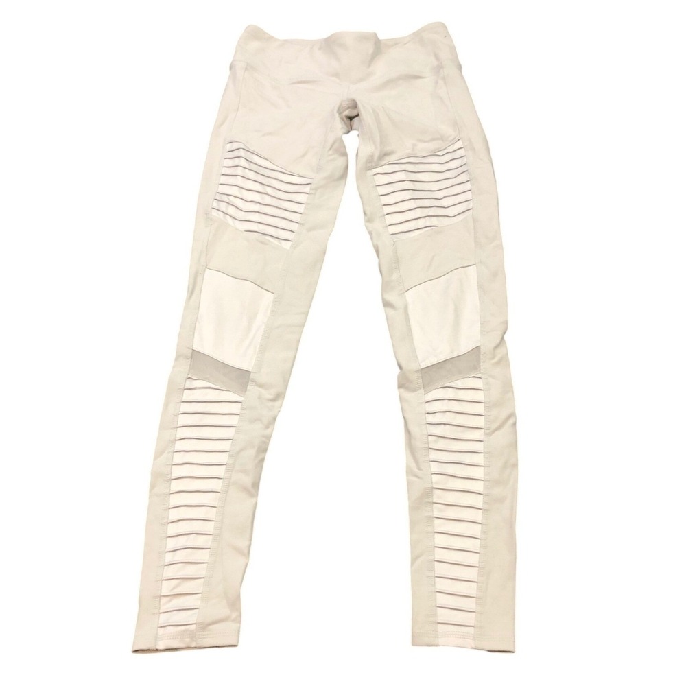 Alo Yoga Moto Leggings Womens XS White Ribbed Mesh Paneled Activewear Leggings